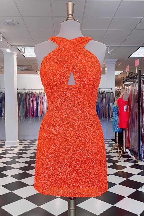 Orange Homecoming Dress 2022 Bodycon Short Halter Neck  Backless Sleeveless With Sequin