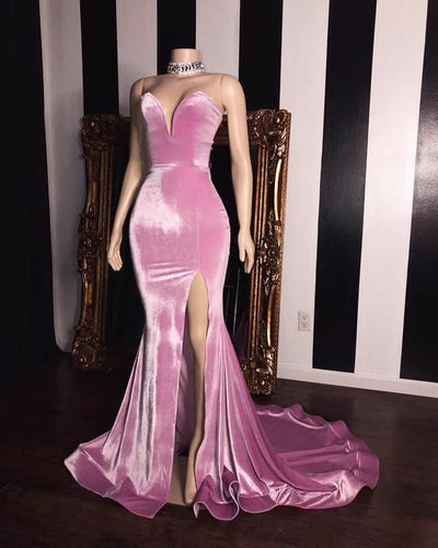 Pink Prom Dress 2023 V Neck Strapless Mermaid Velvet with Slit Pleats