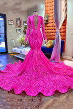 Load image into Gallery viewer, Hot pink Prom Dress 2023 Sexy Plunging Neck Sequin Long Sleeves
