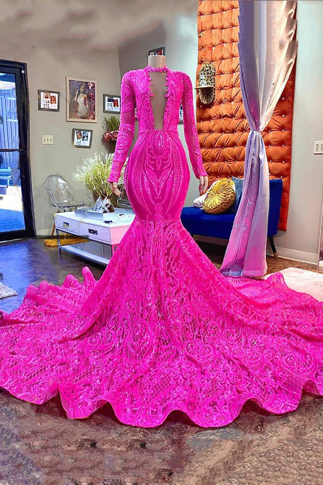 Hot pink Prom Dress 2023 Sexy Plunging Neck Sequin Long Sleeves