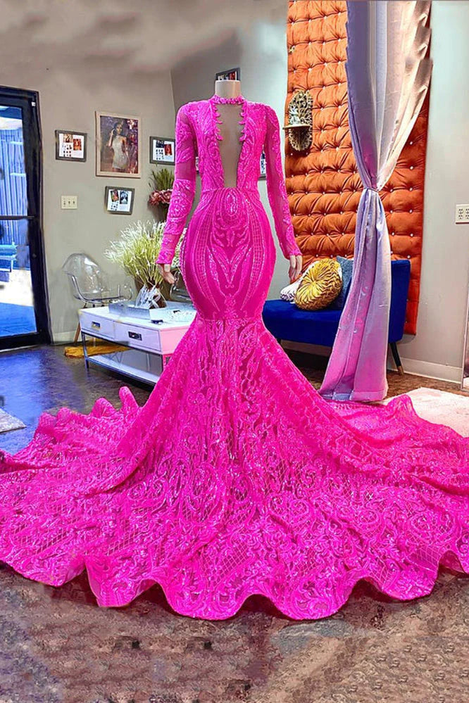 Hot pink Prom Dress 2023 Sexy Plunging Neck Sequin Long Sleeves – AnnaCustomDress