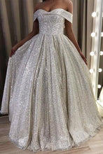 Load image into Gallery viewer, Sliver Prom Dress 2023 Off the Shoulder Sequined with Pleats Sparkly