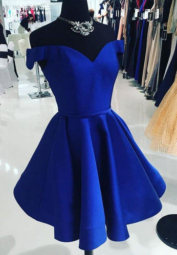Blue Homecoming Dress 2022 A Line Short Off shoulder Sleeveless V Neck with Satin
