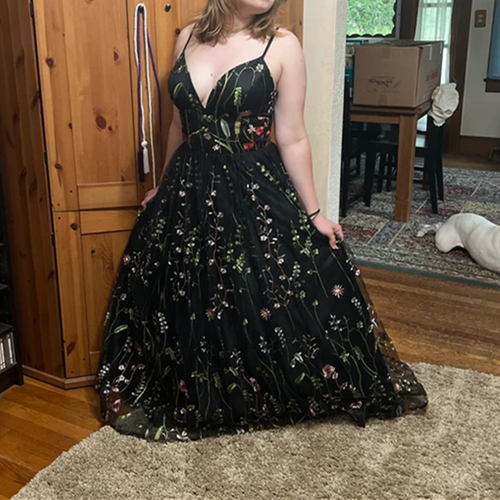 Black Prom Dress 2023 Floral Spaghetti Straps V Neck Corset Back