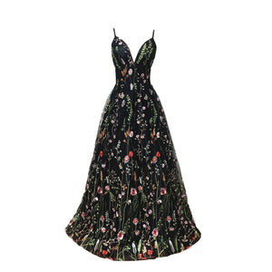 Black Prom Dress 2023 Floral Spaghetti Straps V Neck Corset Back