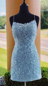 Blue Homecoming Dress 2021 Bodycon Sleeveless Summer Short / Mini Lace Floral Summer