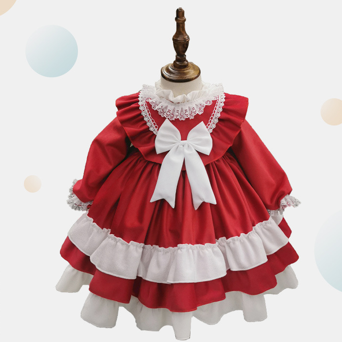 white christmas dresses Renaissance Red Christmas Long Sleeves Frilled Velvet with Lace Bow(s) Girls Lolita Dress Red / 120