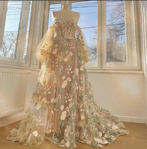 Floral Prom Dress 2023 Beaded A-line Sweetheart Neck Puffy Sleeves Tul – AnnaCustomDress