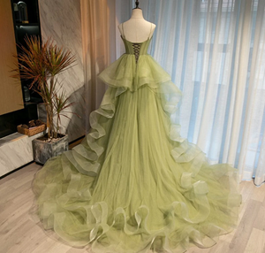 Puffy Prom Dress 2023 Ball Gown Sweetheart Neck Spaghetti Straps Corset Back Horsehair Tulle with Ruffles