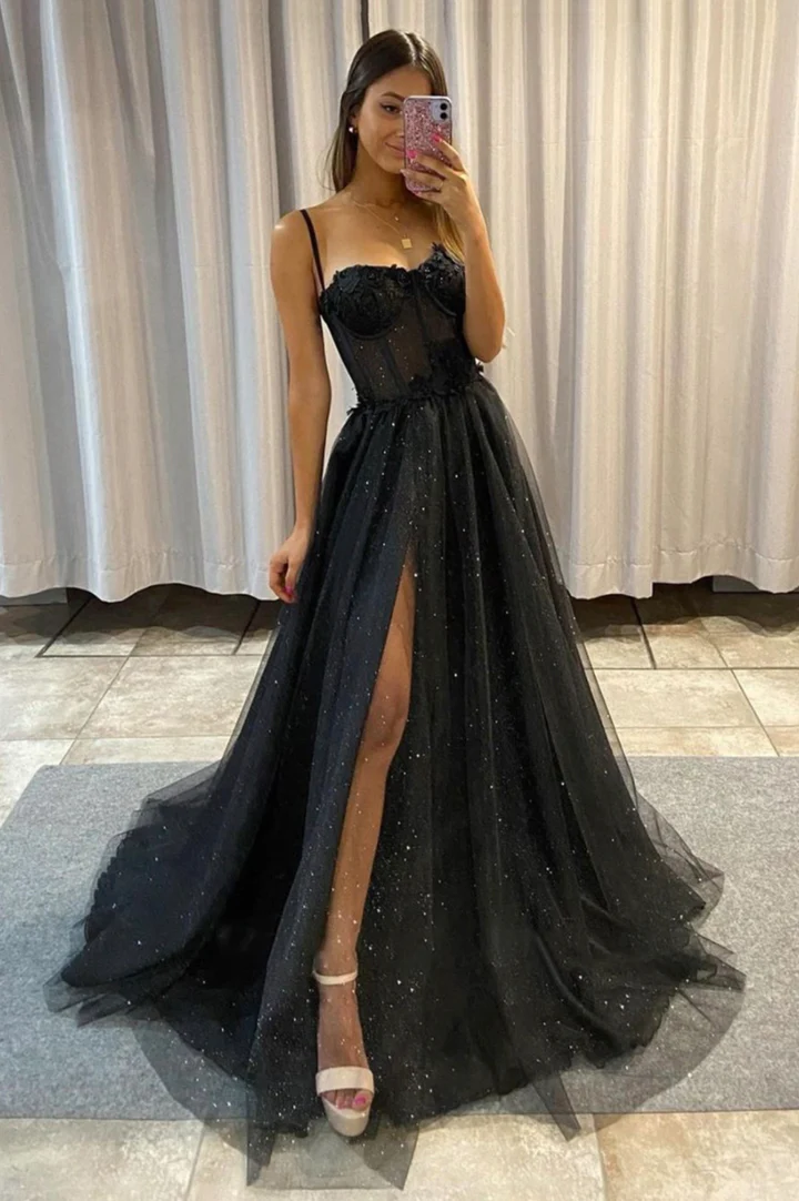 Black Prom Dress 2023 Spaghetti Straps Tulle with Slit