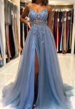 Load image into Gallery viewer, Dusty Blue Prom Dress 2023 Spaghetti Straps Tulle with Slit Appliques