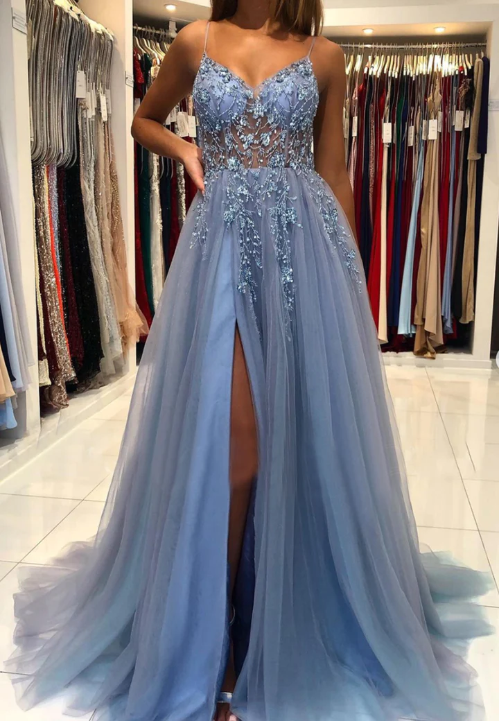 green emerald velvet dress Dusty Blue Prom Dress 2023 Spaghetti Straps Tulle with Slit Appliques 6 / Custom Color