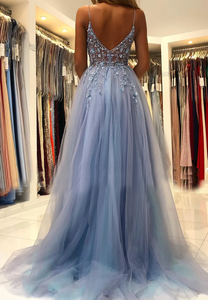 Dusty Blue Prom Dress 2023 Spaghetti Straps Tulle with Slit Appliques