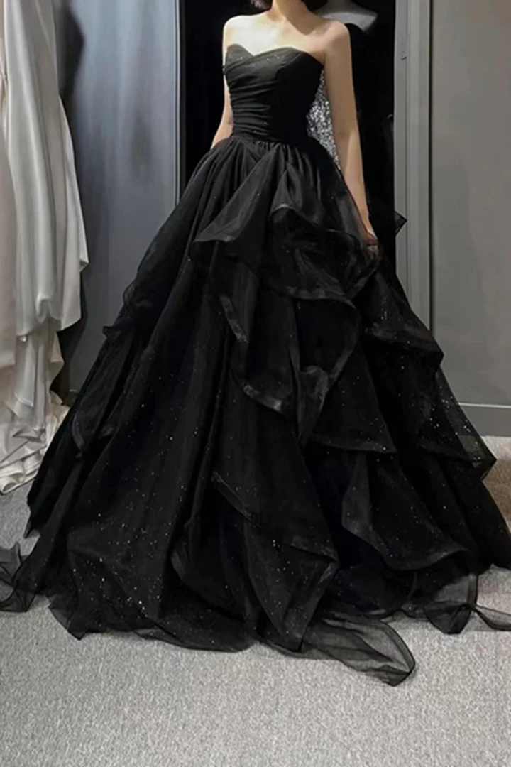 Black Prom Dress 2023 Straps Tulle with Cascading Ruffles 22W / Custom Color Black Prom Dress 2023 Straps Tulle with Cascading Ruffles 22W / Custom Color