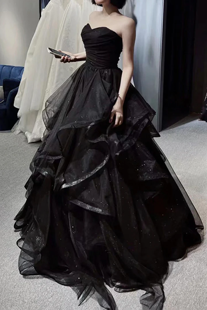 Black Prom Dress 2023 Straps Tulle with Cascading Ruffles 22W / Custom Color Black Prom Dress 2023 Straps Tulle with Cascading Ruffles 22W / Custom Color