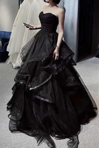 Black Prom Dress 2023 Straps Tulle with Cascading Ruffles