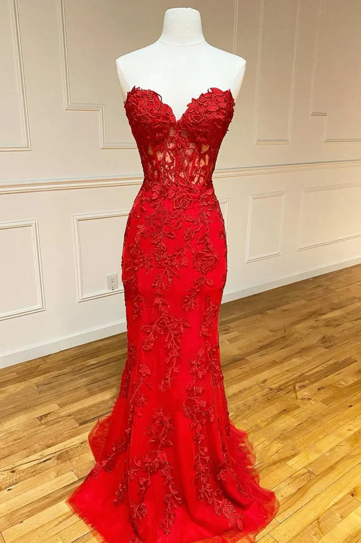 Red Prom Dress 2023 Strapless with Lace Appliques Corset Back AnnaCustomDress Red Prom Dress 2023 Strapless with Lace Appliques Corset Back AnnaCustomDress