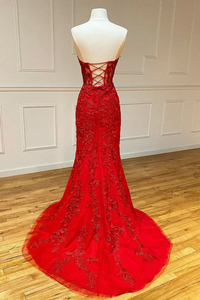 Red Prom Dress 2023 Strapless with Lace Appliques Corset Back