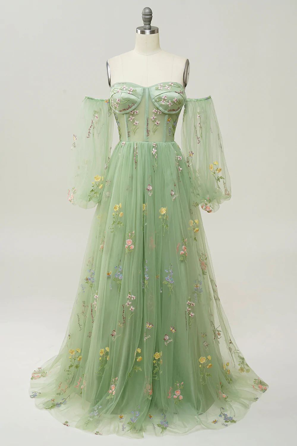 Fairy Prom Dress 2023 Floral Off the Shoulder Tulle with Pleats