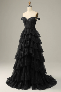 Black Prom Dress 2023 Off the Shoulder Cascading Ruffles