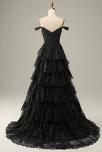 Load image into Gallery viewer, Black Prom Dress 2023 Off the Shoulder Cascading Ruffles