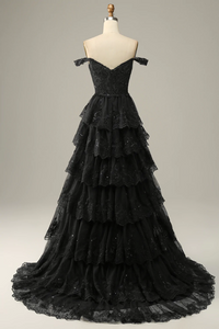 Black Prom Dress 2023 Off the Shoulder Cascading Ruffles