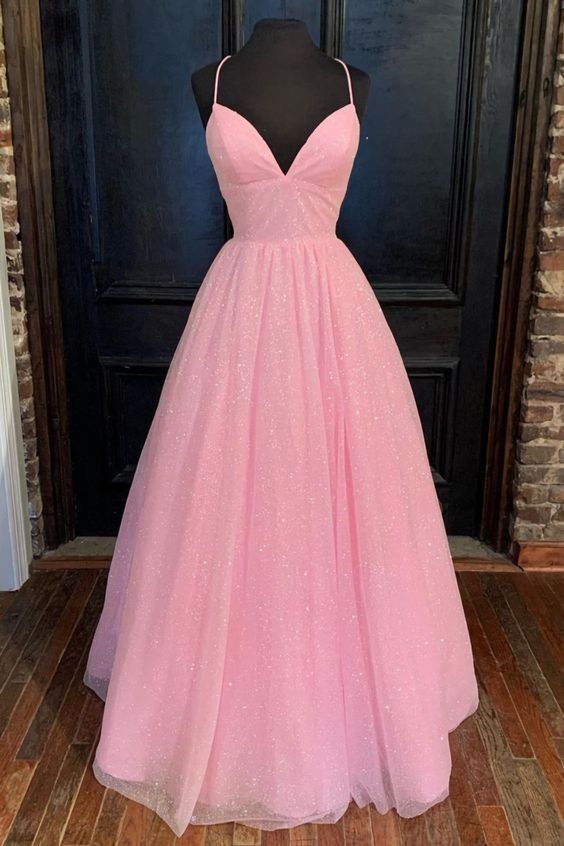 Pink Prom Dress 2023 A-Line V Neck Spaghetti Straps Sequined Tulle with Pleats 12 / Custom Color Pink Prom Dress 2023 A-Line V Neck Spaghetti Straps Sequined Tulle with Pleats 12 / Custom Color