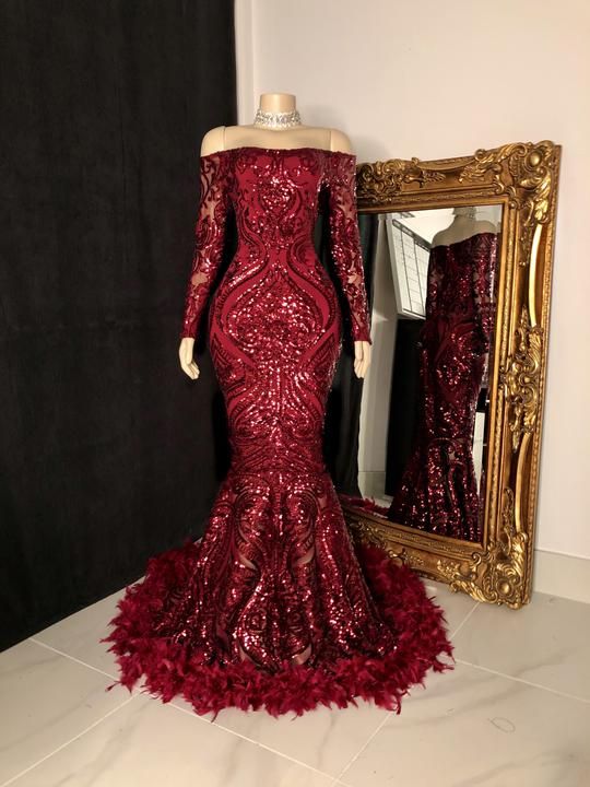 Red Prom Dress 2023 Mermaid/Trumpet Off the Shoulder Long Sleeves Sequin with Feathers 12 / Custom Color Red Prom Dress 2023 Mermaid/Trumpet Off the Shoulder Long Sleeves Sequin with Feathers 12 / Custom Color