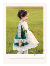 Load image into Gallery viewer, Girls Lolita Dress for Kids Emerald Green Lace Frilled Neck Long Sleeves Velvet with Bow(s)