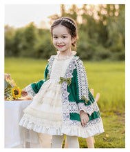 Load image into Gallery viewer, Girls Lolita Dress for Kids Emerald Green Lace Frilled Neck Long Sleeves Velvet with Bow(s)
