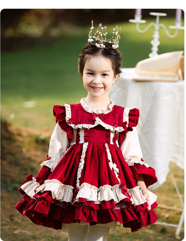 white christmas dresses Renaissance Burgundy Christmas Long Sleeves Frilled with Bow(s) Costume Girls Lolita Dress Burgundy / 90
