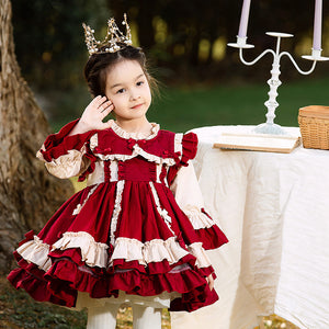 Renaissance Burgundy Christmas Long Sleeves Frilled with Bow(s) Costume Girls Lolita Dress