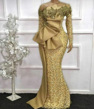 Load image into Gallery viewer, Stylish Prom Dress 2023 Mermaid/Trumpet Golden One-shoulder Draping Long Sleeves Sequin