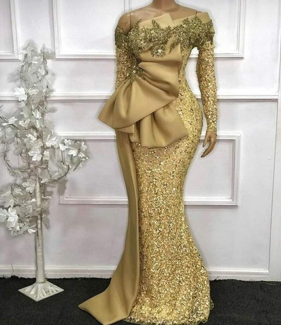 Stylish Prom Dress 2023 Mermaid/Trumpet Golden One-shoulder Draping Long Sleeves Sequin
