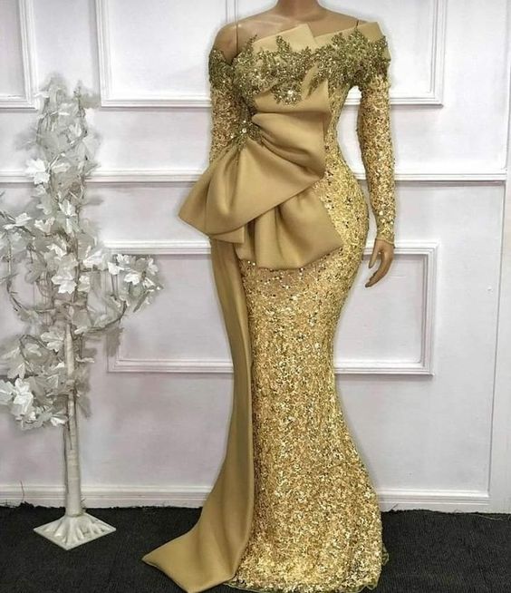 prom dresses 2023 gold Radiant Gold Sequin Lace Prom Dresses Ruffled Off the Shoulder Evening Dress 24050 Custom Colors / US14