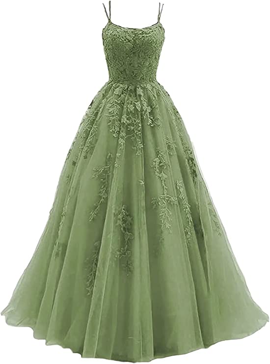 Ball Gown Prom Dress 2023 Spaghetti Straps Boat Neck Crisscross Back Tulle with Appliques