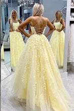 Load image into Gallery viewer, Ball Gown Prom Dress 2023 Spaghetti Straps Boat Neck Crisscross Back Tulle with Appliques