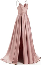 Load image into Gallery viewer, A-line Prom Dress 2023 Spaghetti Straps V Neck V Back Satin with Pleats Slit