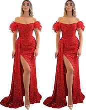 Load image into Gallery viewer, Mermaid/Trumpet Prom Dress 2023 Off Shoulder Short Sleeves Sequined with Slit Sparkle&amp;Shine