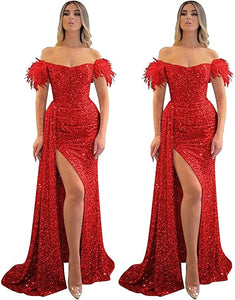 Mermaid/Trumpet Prom Dress 2023 Off Shoulder Short Sleeves Sequined with Slit Sparkle&Shine
