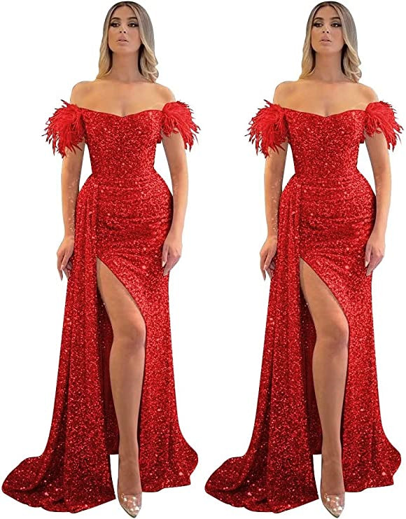 Mermaid/Trumpet Prom Dress 2023 Off Shoulder Short Sleeves Sequined with Slit Sparkle&Shine