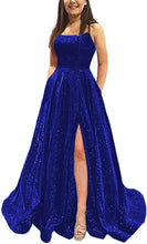 Load image into Gallery viewer, A-line Prom Dress 2023 Spaghetti Straps Corset Back Satin with Slit Sequined Sparkle&amp;Shine