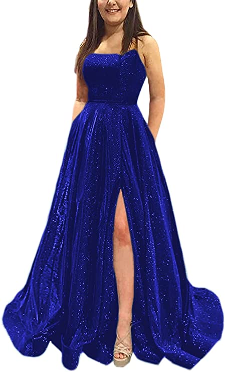 A-line Prom Dress 2023 Spaghetti Straps Corset Back Satin with Slit Sequined Sparkle&Shine