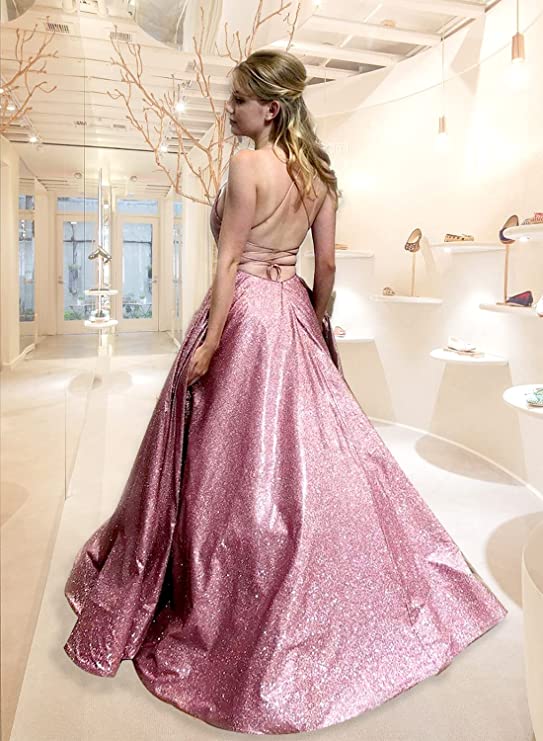 A-line Prom Dress 2023 Spaghetti Straps Corset Back Satin with Slit Sequined Sparkle&Shine