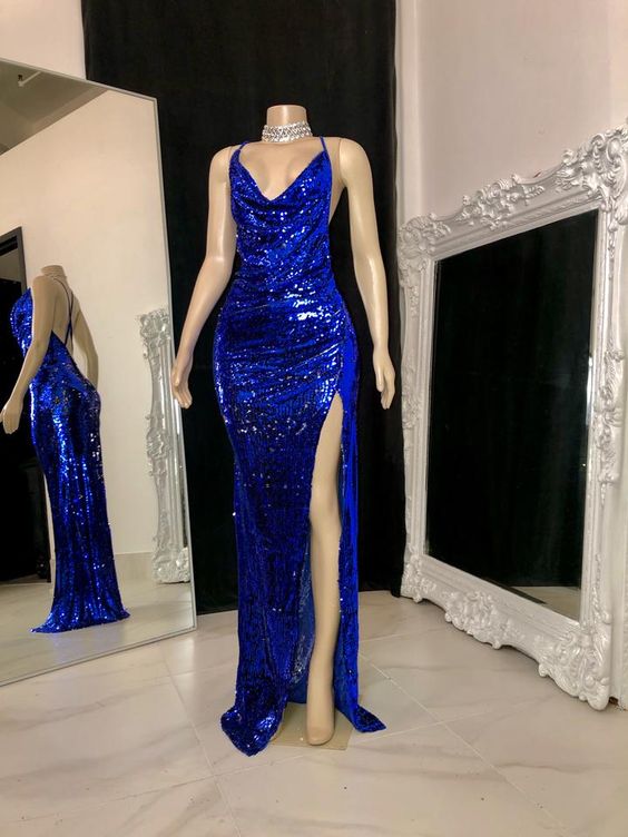 Mermaid/Trumpet Prom Dress 2023 Sexy V Neck Spaghetti Straps Crisscross Back Sequin with Slit Sparkle&Shine