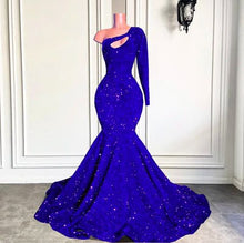 Load image into Gallery viewer, Mermaid/Trumpet Prom Dress 2023 Royal Blue One-Shoulder Long Sleeves Hollow Sequin Sparkle&amp;Shine