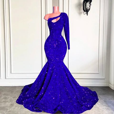 Mermaid/Trumpet Prom Dress 2023 Royal Blue One-Shoulder Long Sleeves Hollow Sequin Sparkle&Shine