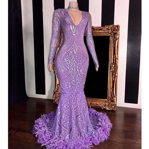 Mermaid/Trumpet Prom Dress 2023 V Neck Long Sleeves Lace with Feathers