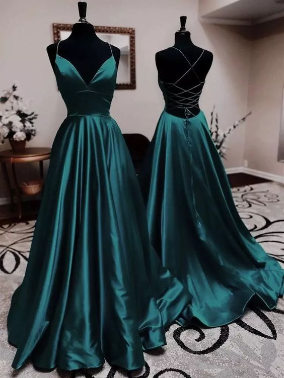 A-line Prom Dress 2023 Elegant V Neck Spaghetti Straps Crisscross Back  Satin with Pleats