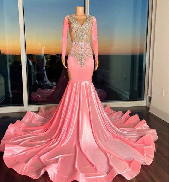 Long Sleeves V-neck Long Prom Dresses, Newest 2023 Prom Dresses, Beads V-neck Evening Dresses